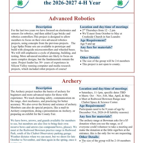 Our Projects for the 2026-27 4-H Year!